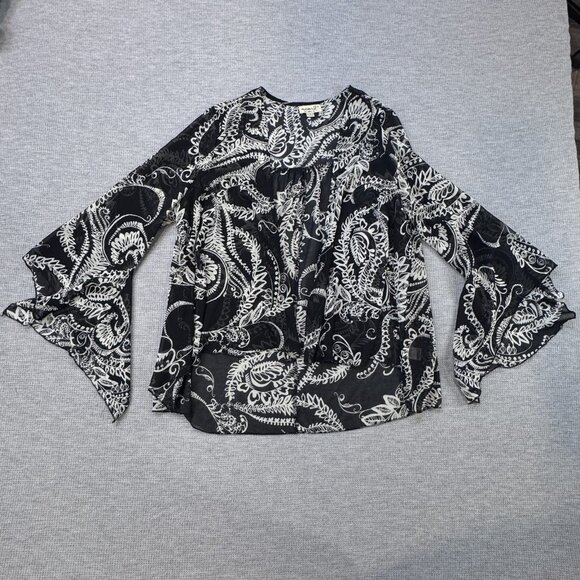 One World Womens Kimono Jacket Black White Paisley Chiffon Boho Flared Sleeve S - Picture 4 of 16